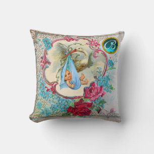 STORK BLUE BOY BABY SHOWER ROSES FLORAL MONOGRAM CUSHION