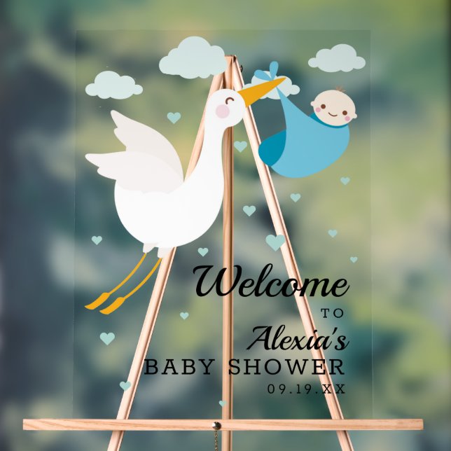 Stork Blue Bundle Boy Baby Shower Welcome Acrylic Sign (Neutral)
