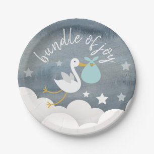 Stork Blue Bundle Stars Watercolor Baby Shower Paper Plate
