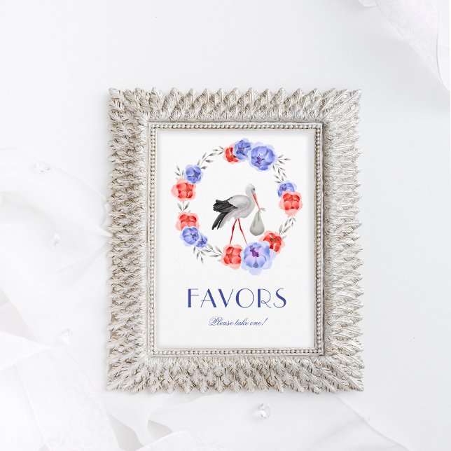 Stork Blue Red Floral Baby Shower Favour Table Sig Invitation (Creator Uploaded)