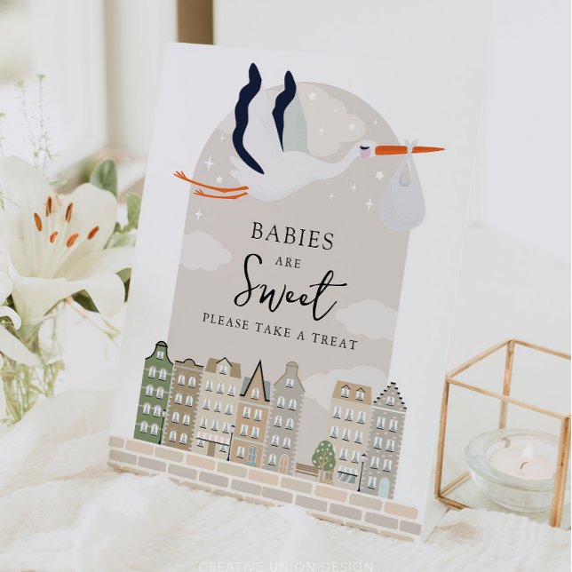 Stork Boho Baby Shower Babies Are Sweet Favours Pedestal Sign (Boho Baby Shower Stork)