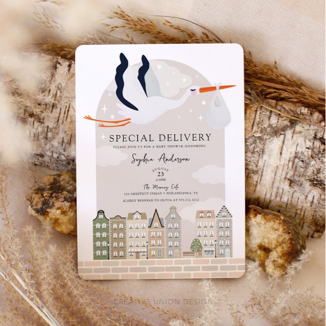 Stork Boho Baby Shower Special Delivery Sprinkle Invitation (Boho Baby Shower Stork)
