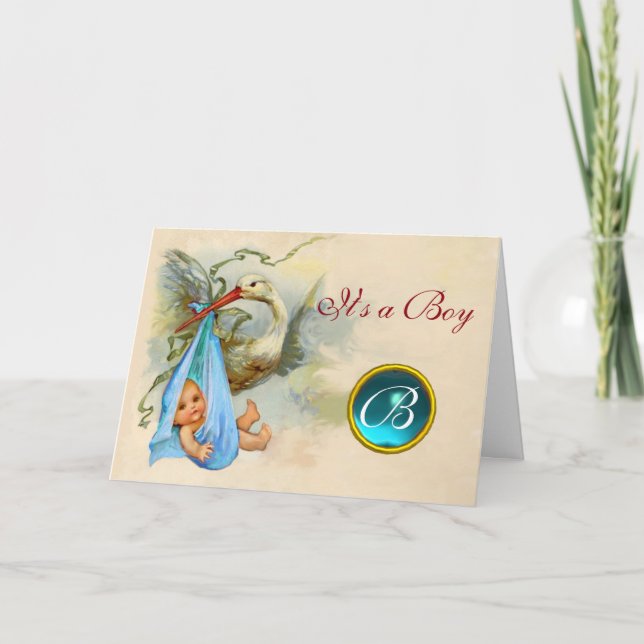STORK BOY BABY SHOWER BLUE GEM MONOGRAM INVITATION (Front)