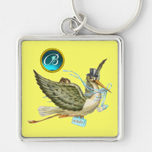 STORK BOY BABY SHOWER BLUE GEM MONOGRAM Yellow Key Ring