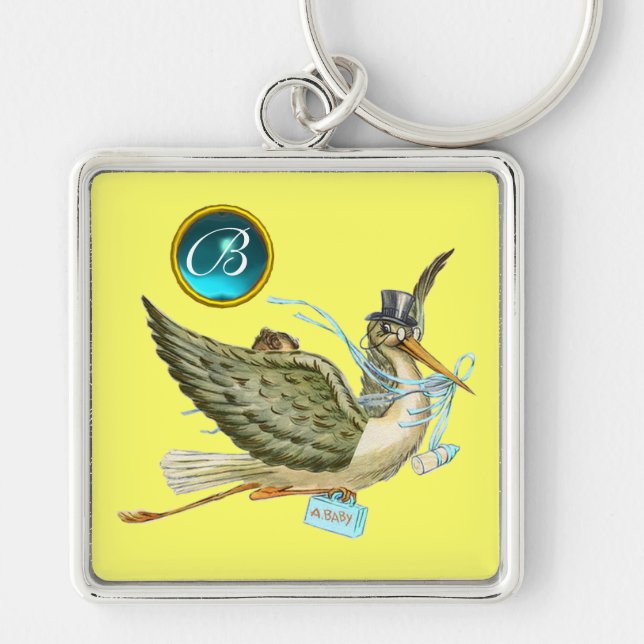 STORK BOY BABY SHOWER BLUE GEM MONOGRAM Yellow Key Ring (Front)