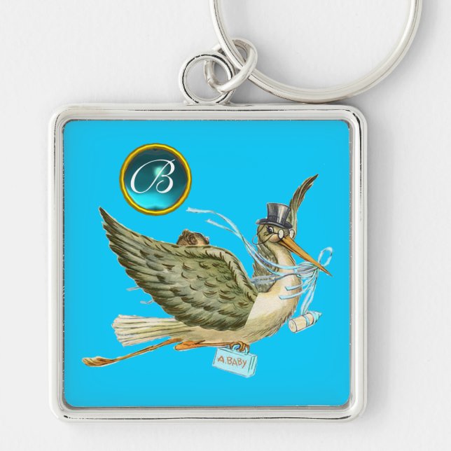 STORK BOY BABY SHOWER BRIGHT BLUE GEM MONOGRAM KEY RING (Front)