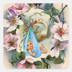 STORK BOY BABY SHOWER CROWN WITH PINK WILD ROSES SQUARE STICKER