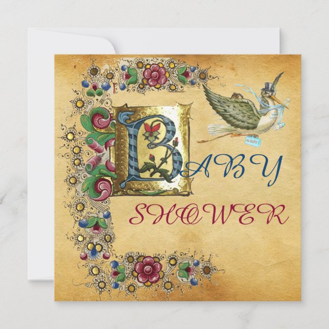 STORK BOY BABY SHOWER FLORAL PARCHMENT MONOGRAM INVITATION (Front)
