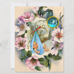 STORK BOY BABY SHOWER ,PINK WILD ROSES MONOGRAM INVITATION