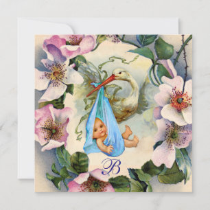 STORK BOY BABY SHOWER ,PINK WILD ROSES Thank you  Invitation