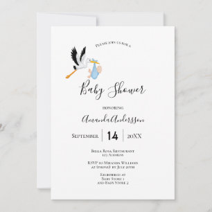 Stork boy blue white cute baby shower invitation