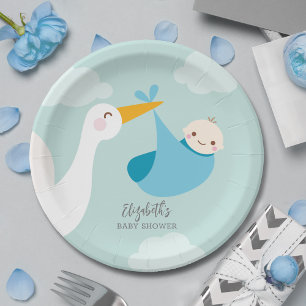 Stork Bundle Boy Baby Shower Paper Plate