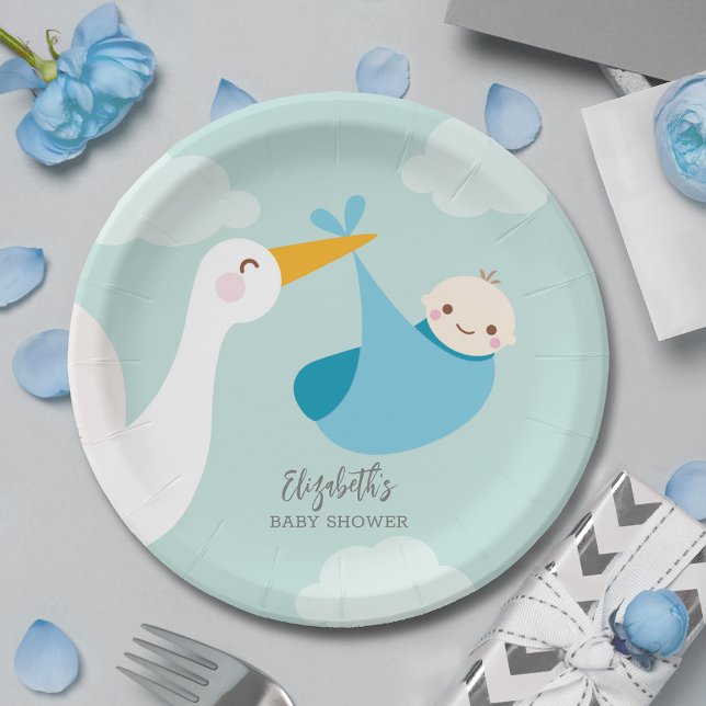 Stork Bundle Boy Baby Shower Paper Plate (Stork Blue Bundle Boy Baby Shower Paper Plates)