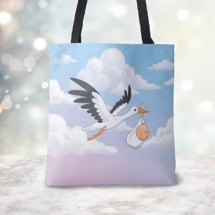 Stork Carrying a Baby Cloudy Sky Tote Bag