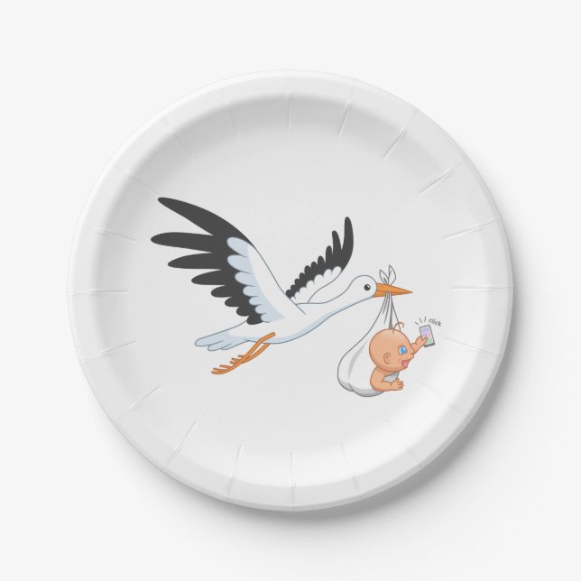 Stork Carrying a Baby Taking First Selfie Paper Plate (Front)