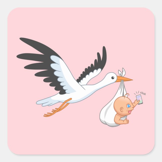 Stork Carrying a Baby Taking First Selfie Pink Square Sticker (Front)