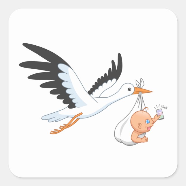 Stork Carrying a Baby Taking First Selfie Square Sticker (Front)