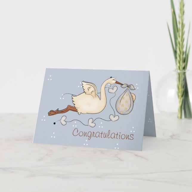 Stork Carrying Baby Boy Greeting Card (Front)