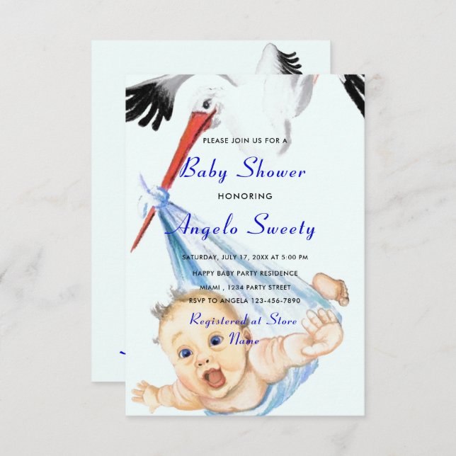 Stork Carrying Baby Boy Shower Invitation - Fun (Front/Back)