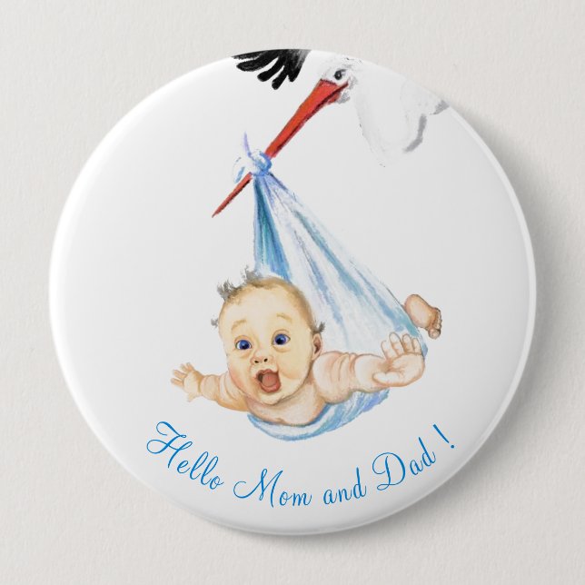 Stork Carrying Baby Buttons Baby Shower Gifts (Front)