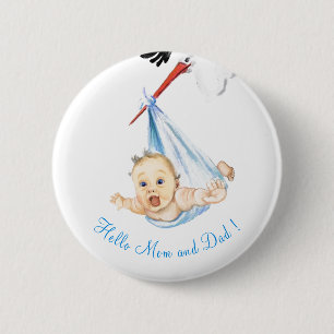 Stork Carrying Baby - Cartoon Drawing -Sweet Funny 6 Cm Round Badge