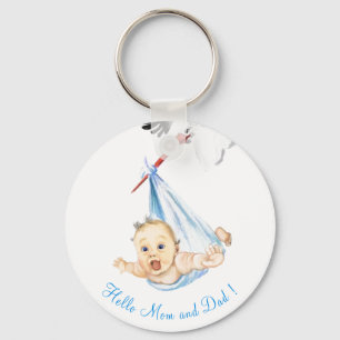 Stork Carrying Baby - Cartoon Drawing Sweet Funny  Key Ring