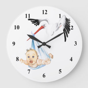 Stork Carrying Baby - Cartoon Drawing Sweet Funny  Large Clock