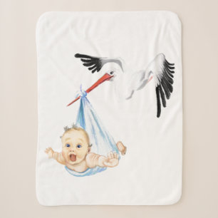 Stork Carrying Baby - Cartoon Drawing Sweet Funny Sherpa Blanket