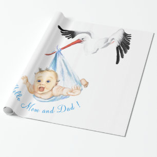 Stork Carrying Baby - Cartoon Drawing Sweet Funny  Wrapping Paper