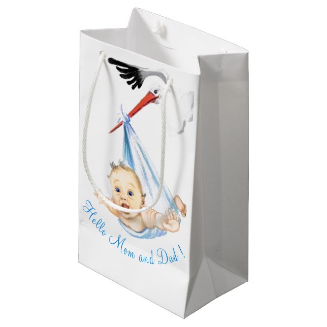 Stork Carrying Baby Funny Gift Bag - Custom Text (Front Angled)