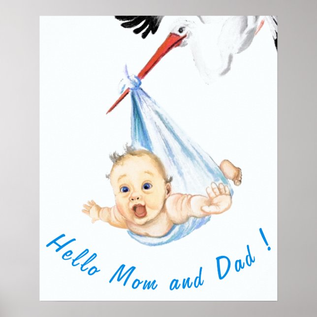 Stork Carrying Baby Poster Painting Fun Your Text (Front)