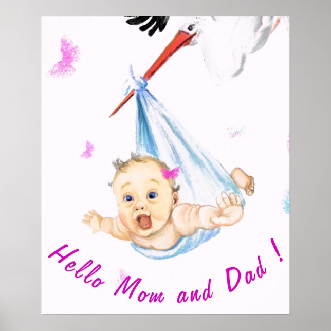 Stork Carrying Baby Poster Painting - Your Text (Front)