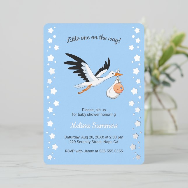 Stork Carrying Baby Selfie Baby Shower Blue (Standing Front)