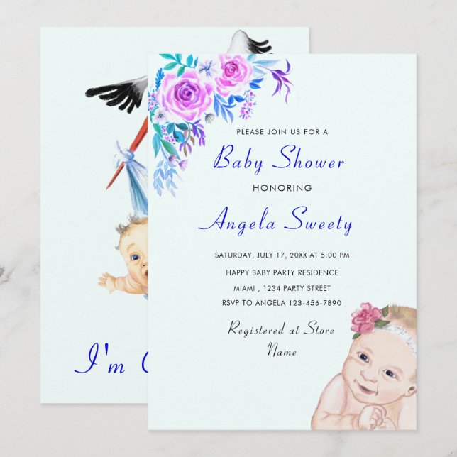 Stork Carrying Baby Shower Invitation (Front/Back)
