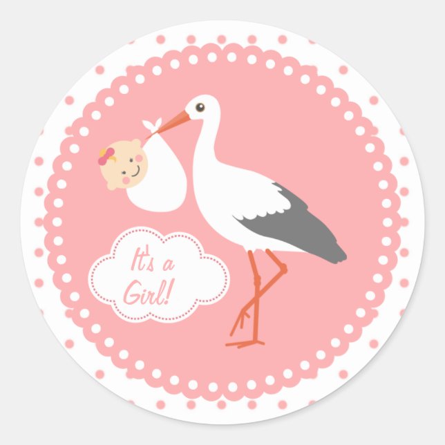 Stork carrying cute baby girl Baby Shower Sticker (Front)