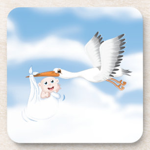 Stork carrying new born baby coaster