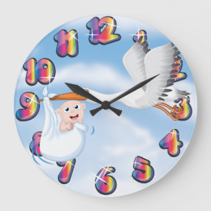Stork carrying new born Baby Large Clock