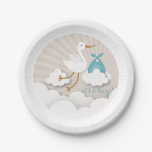 Stork + Clouds With Blue Bundle Boy Baby Shower Paper Plate
