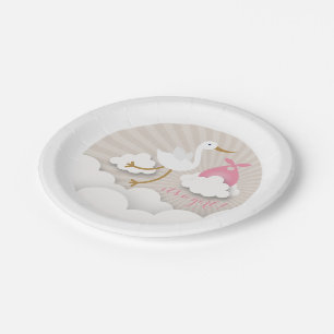 Stork + Clouds With Pink Bundle Girl Baby Shower Paper Plate