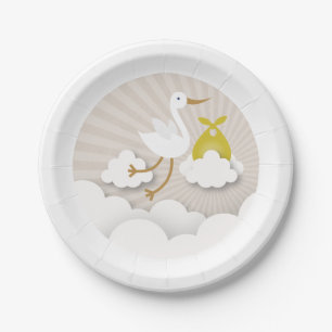Stork + Clouds With Yellow Bundle Boy Baby Shower Paper Plate