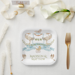 Stork Crest Watercolor Baby Boy Shower Paper Plate