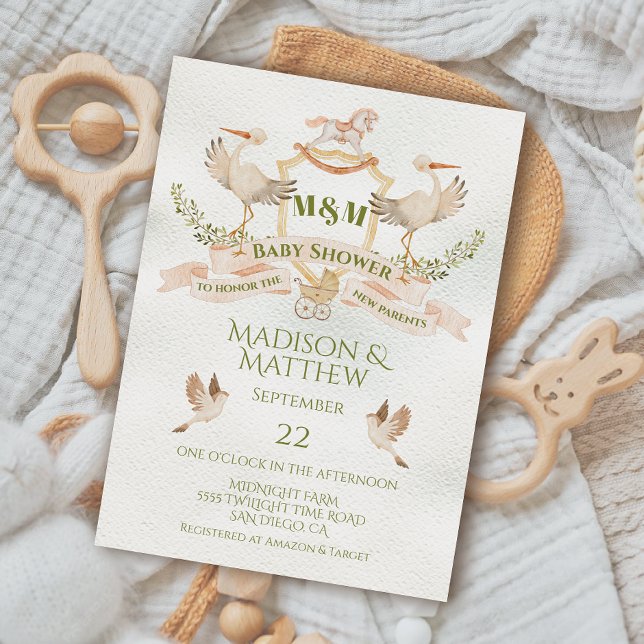 Stork Crest Watercolor Baby Shower Invitation (Creator Uploaded)