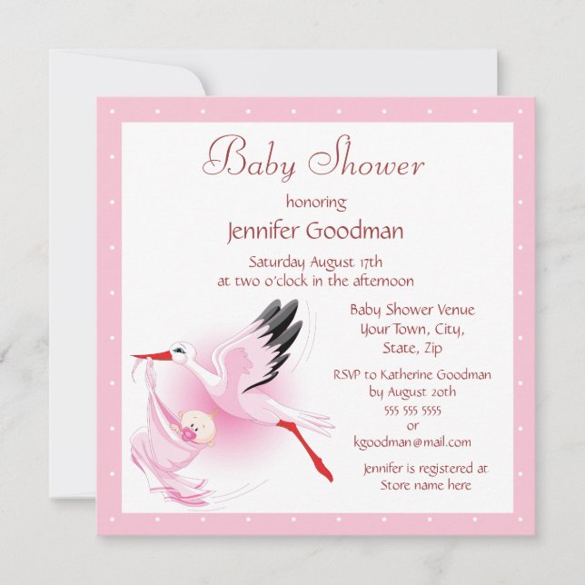 Stork Delivering Baby Pink Baby Shower Invitation (Front)