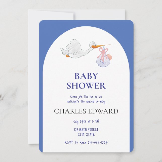 Stork Delivering Little Boy Baby Shower Blue Invitation (Front)