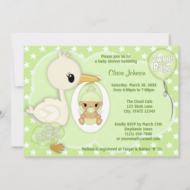 Stork Delivery baby shower invitation GREEN 3B (Front)