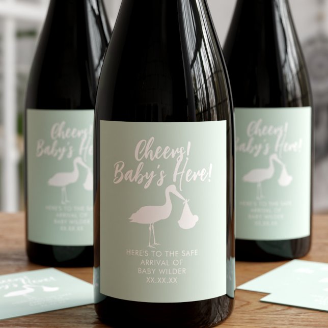Stork Delivery Cheers Sage Green Gender Neutral Wine Label (Cheers! Baby is Here! You can customize the text and background color on this wine label to suit)