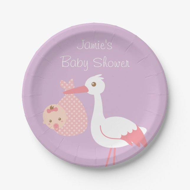 Stork Delivery Cute Baby Girl Shower Party Paper Plate (Front)