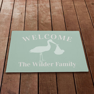 Stork Delivery New Baby Sage Green Welcome Doormat