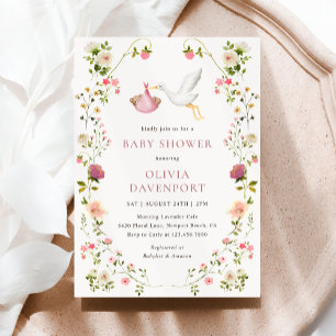 Stork Delivery Pink Floral Garden Girl Baby Shower Invitation