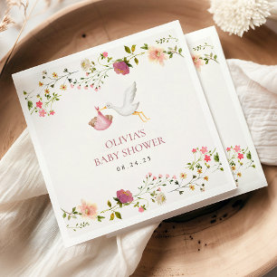 Stork Delivery Pink Floral Garden Girl Baby Shower Napkin